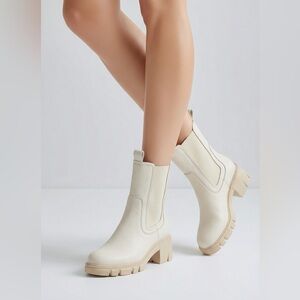 TINSTREE Women's Chelsea Boots Beige Mid-Calf Platform Lug Sole Block Heel